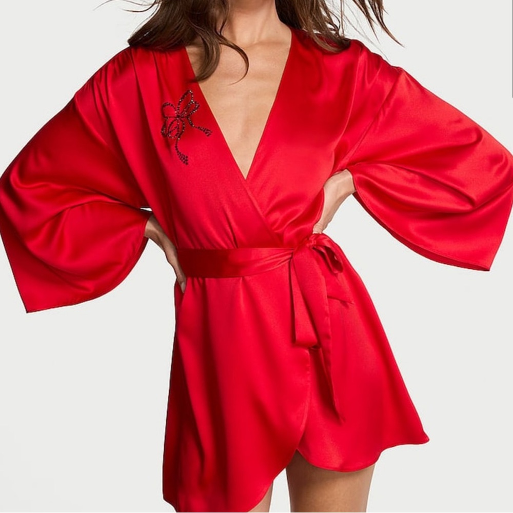 Victoria's Secret Satin Sparkle Bow Short Robe in Bright Vermillion
